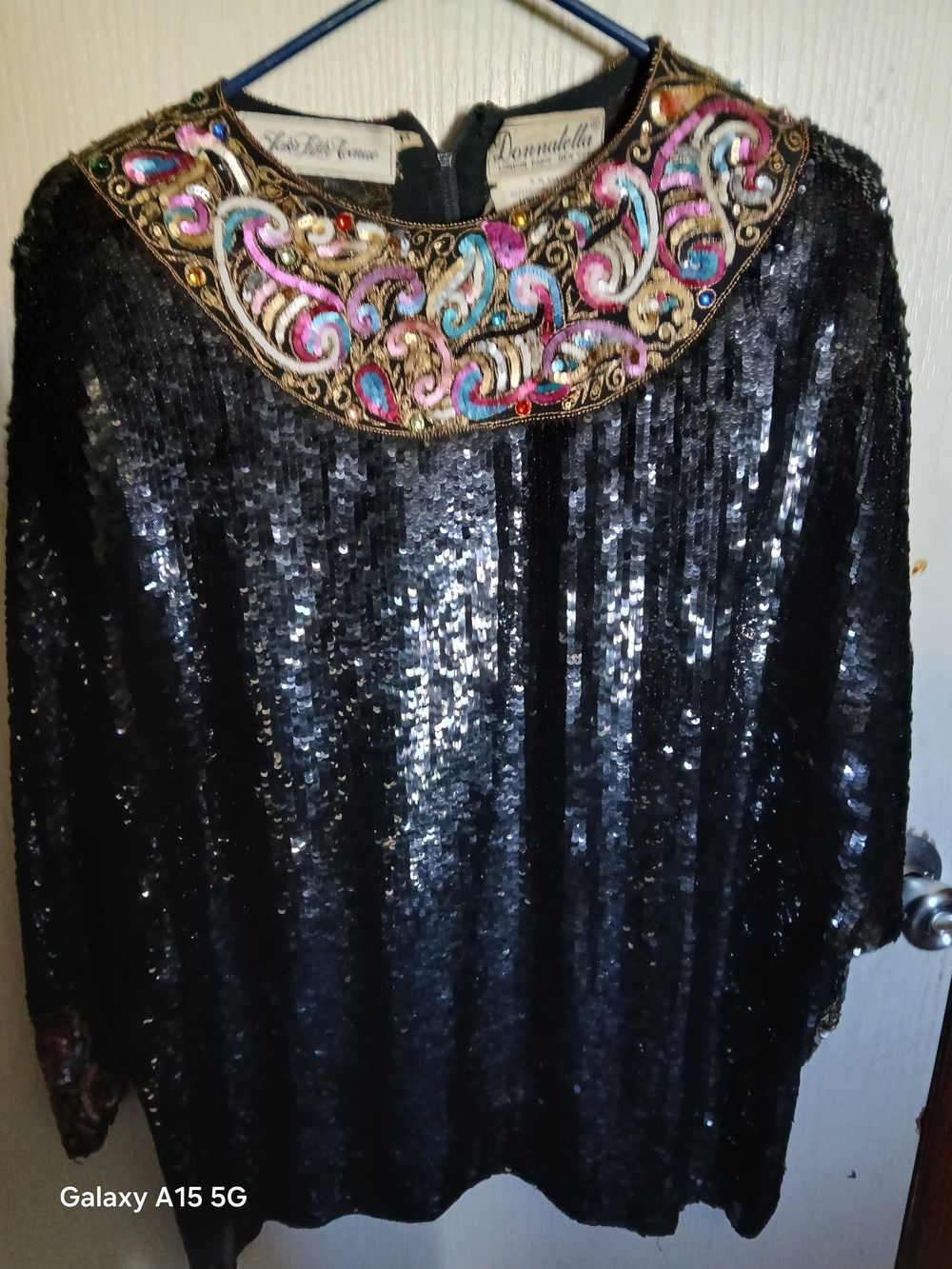 Embellished Collar Black Sequin Top